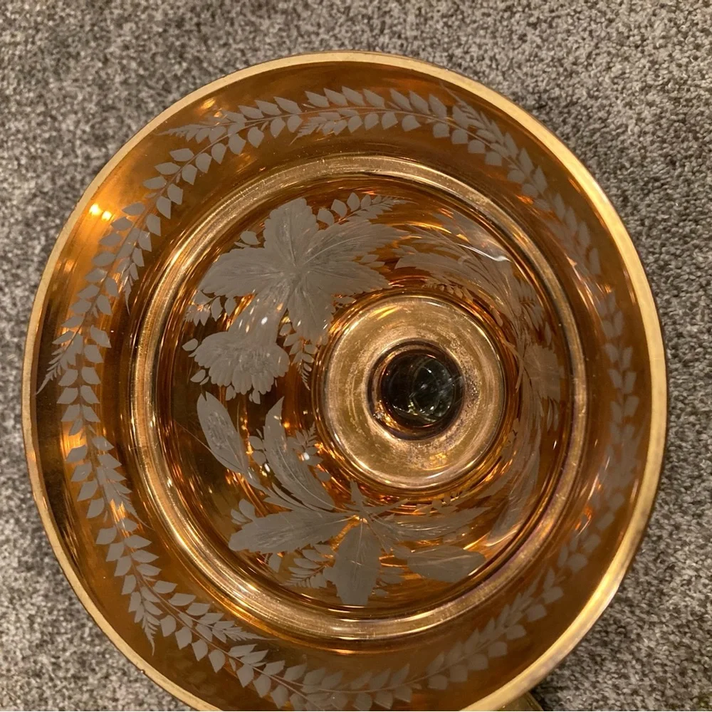 Antique BOHEMIAN CZECH Gilt Etched Crystal Candy Dish w/Lid